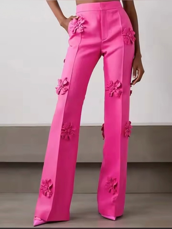 Pants - Floral Appliqué Wide-Leg Pants in Hot Pink